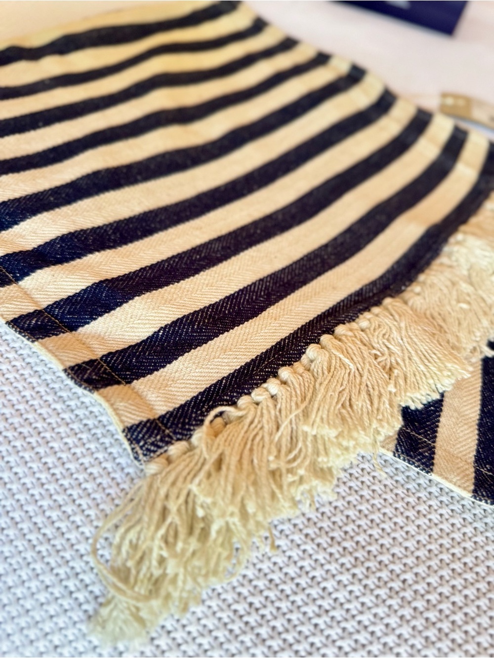 VANESSA BRUNO Boho IKA Cream Jute & Navy Blue Striped Fringe Mini Skirt - Picture 3 of 16